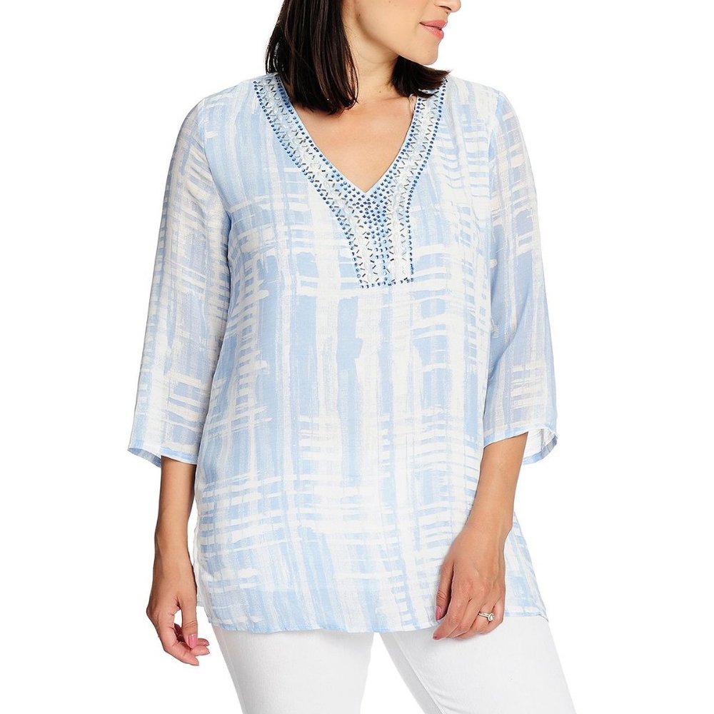 Fig & Vine Top Womens Medium Blue White Tunic 3/4 Sleeve Beaded V-Neck Shirt